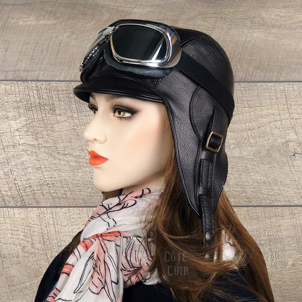 chapeau aviateur cuir noir femme