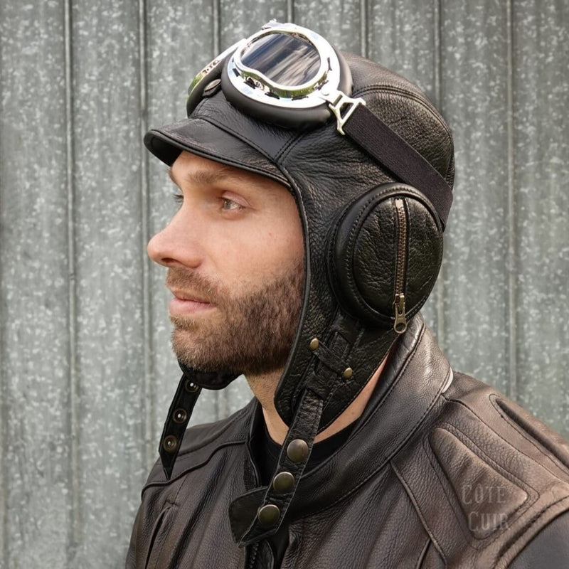 casque aviateur cuir noir