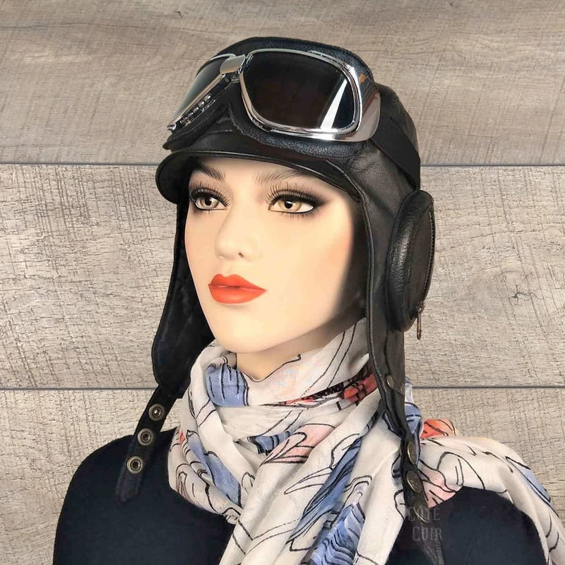 casque aviateur cuir noir femme