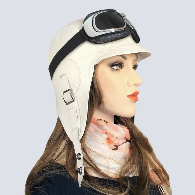 Chapeau aviateur cuir blanc - Modèle Simon