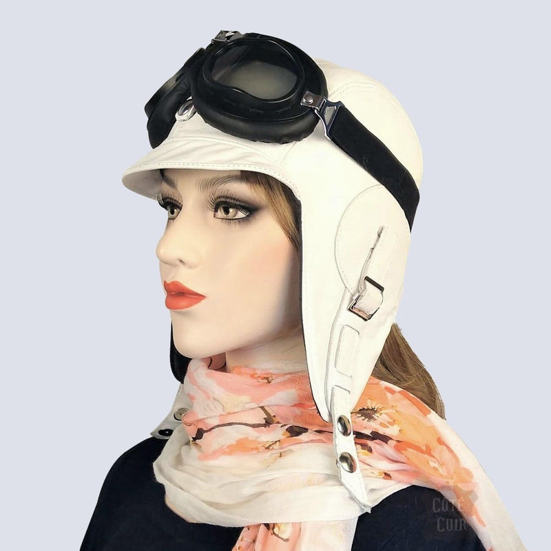 Bonnet aviateur cuir et lunettes femme