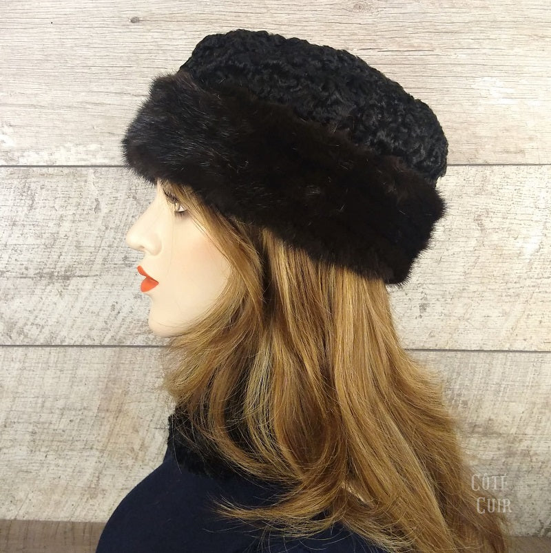 Chapka en Fourrure pour Femme Toque de Style Russe,Faux chapeau de fourrure  de renard-Noir