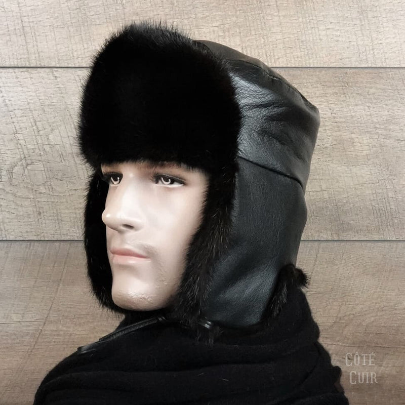 Chapka noire en vrai fourrure homme, chapeau syle Russe, cuir noir